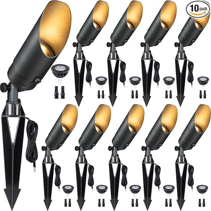Gardenreet Low Voltage Spotlight - Outdoor Light Fixture 12V AC/DC, Brass Landscape Lights LED Hardwired, Weather Proof Bronze for Flag Wreath with Cool Light MR16 Removable Bulbs (10 Pack)