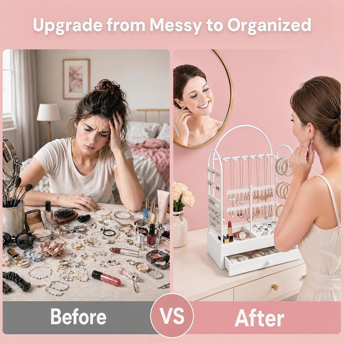 TerraKit White Vanity Jewelry Organizer Stand with Drawer, Earring Holder and Necklace Bracelet Organizer, Metal & Wood Jewelry Display Stand for Earrings, Rings, Bracelets, Dresser & Bedroom