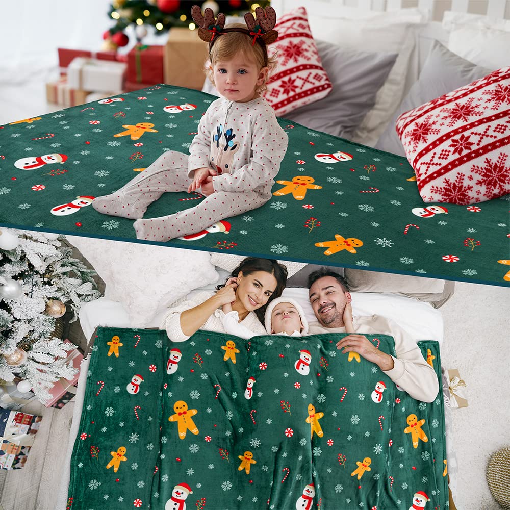 PAVILIA Christmas Gingerbread Throw Blanket | Green Holiday Christmas Fleece Blanket | Soft, Plush, Warm Winter Cabin Throw, 60x80 (Green Gingerbread)