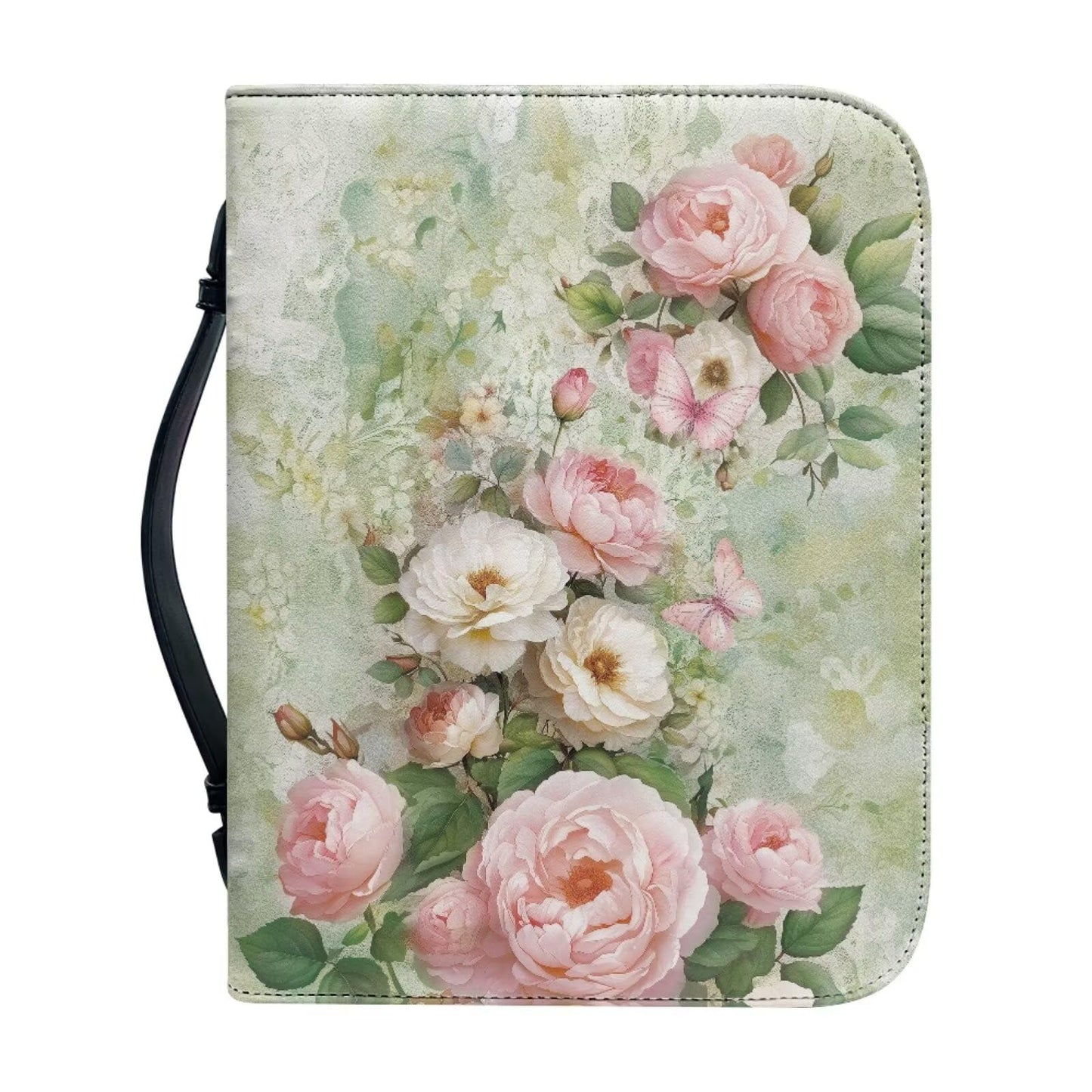 WUYOJUXA Pink Flower Print Bible Carrying Case for Girls Book Protector for Book Lovers Bible Study Supplies Accessories Christian Gifts for Women Large Quilted Bibles Case with Handle-L