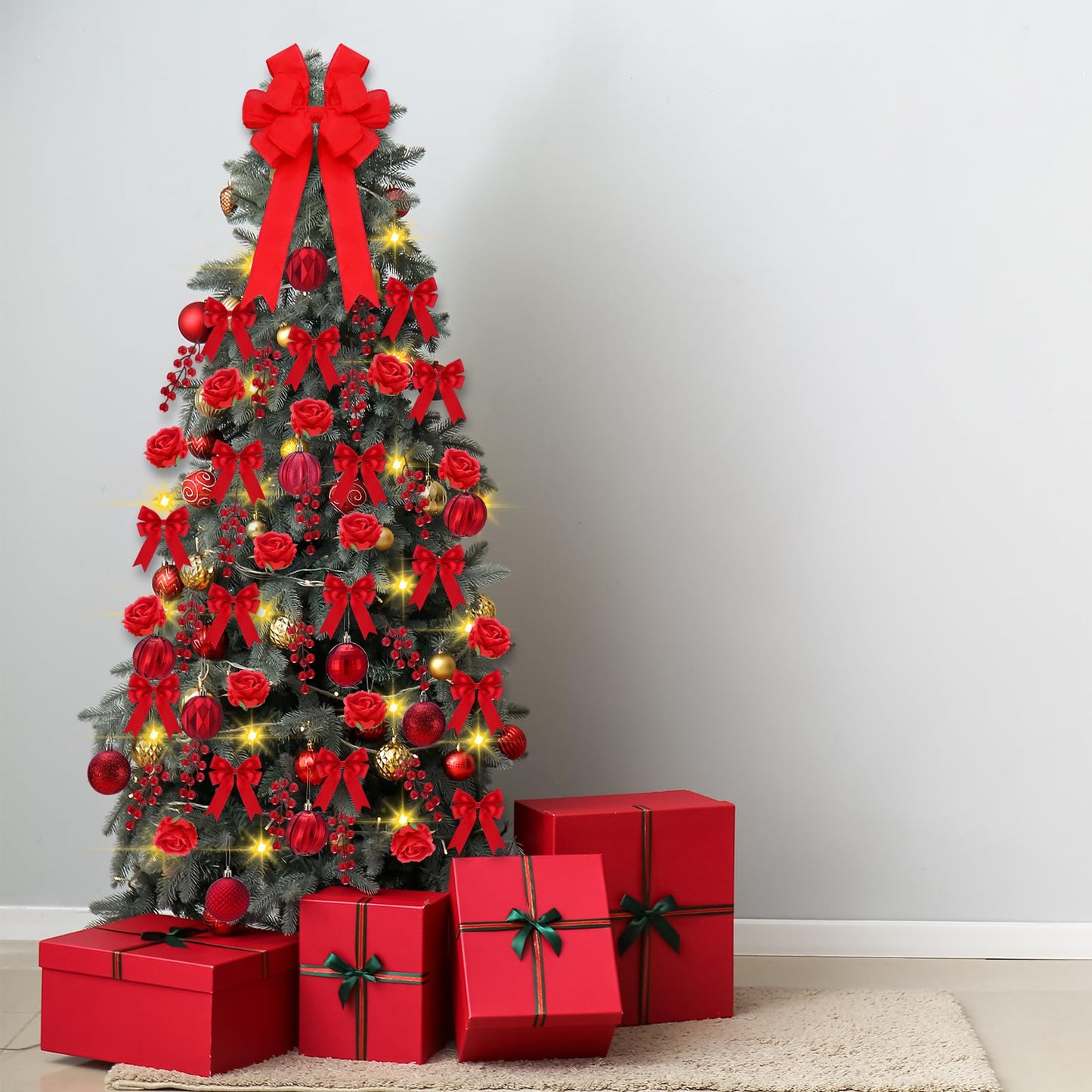 Duraaamo 134 Pcs Rose Christmas Tree Decoration Set Include Faux Red Rose Ornaments Artificial Berries Christmas Balls Ribbon Bows 16.4 ft 50 LED String Lights for Xmas Holiday DIY Crafts (Big)
