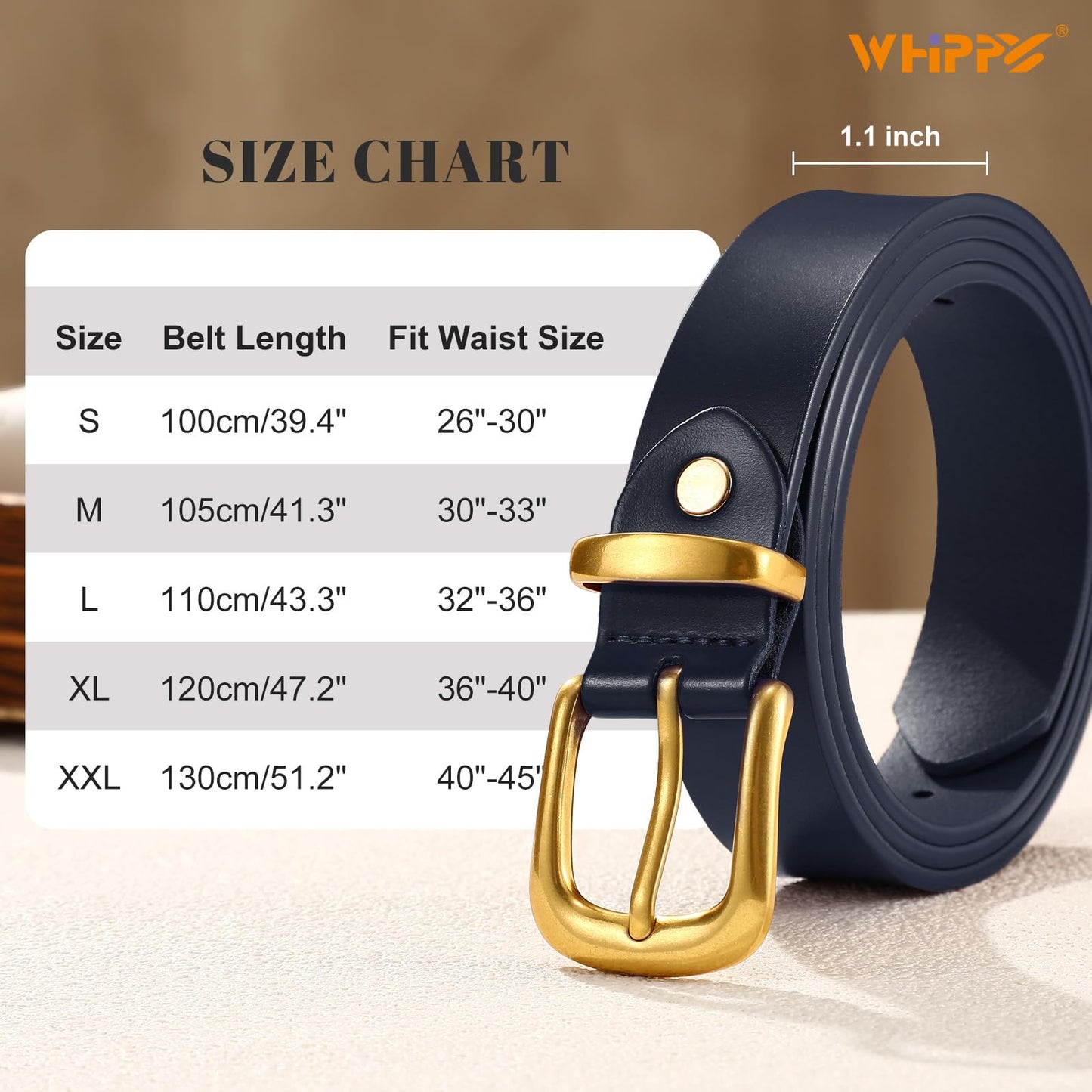 WHIPPY Womens Genuine Leather Belts for Jeans Pants Fashion Vintage Ladies Leather Belt with Gold Buckle, Navy Blue, S