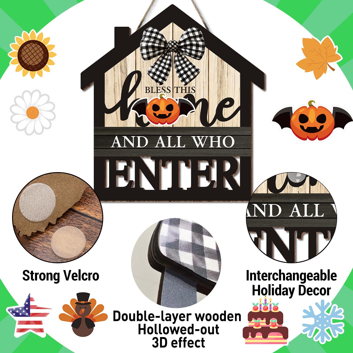 Interchangeable Seasonal Bless This Home Hanging Sign - Farmhouse Front Door Decoration for Spring All Seasons Holidays - Rustic House Shape Wood Sign with 12 Icons