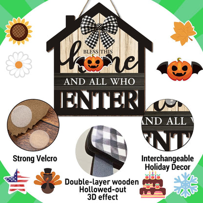 Interchangeable Seasonal Bless This Home Hanging Sign - Farmhouse Front Door Decoration for Spring All Seasons Holidays - Rustic House Shape Wood Sign with 12 Icons