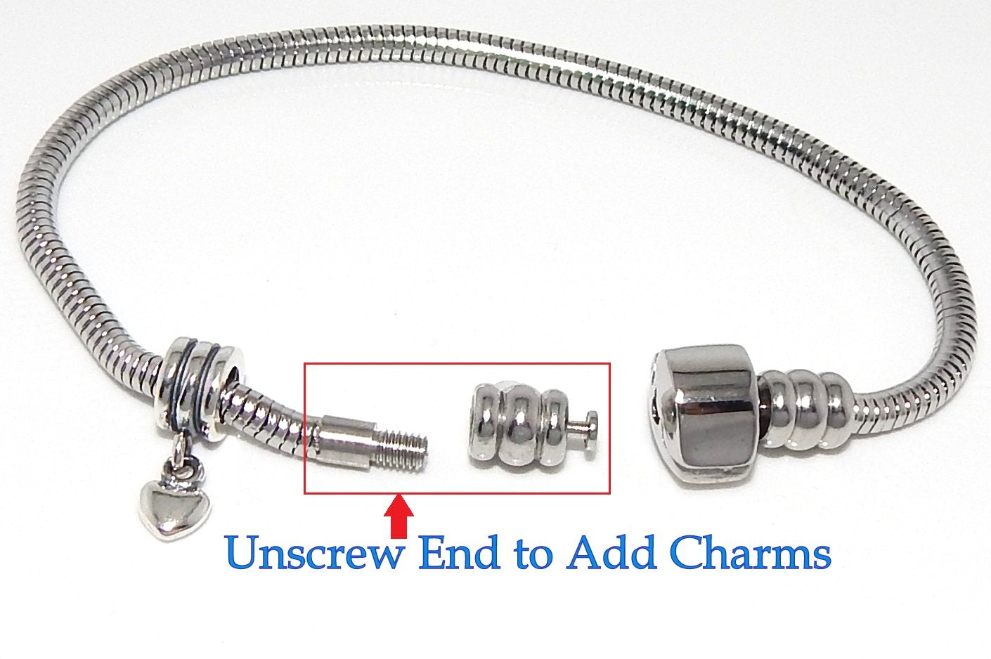ICYROSE Stainless Steel Starter Charm Bracelet Barrel Snap Clasp UNSCREW END TO ADD CHARMS (9 inches)