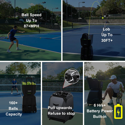 ADIBO Tennis Ball Machine, Internal Oscillation, Authentic Programming, Dual Motors with Topspin & Backspin, 160+ Balls, 6-Hour Non-Stop Runtime, Stable Voltage Contro (T500 PRO)