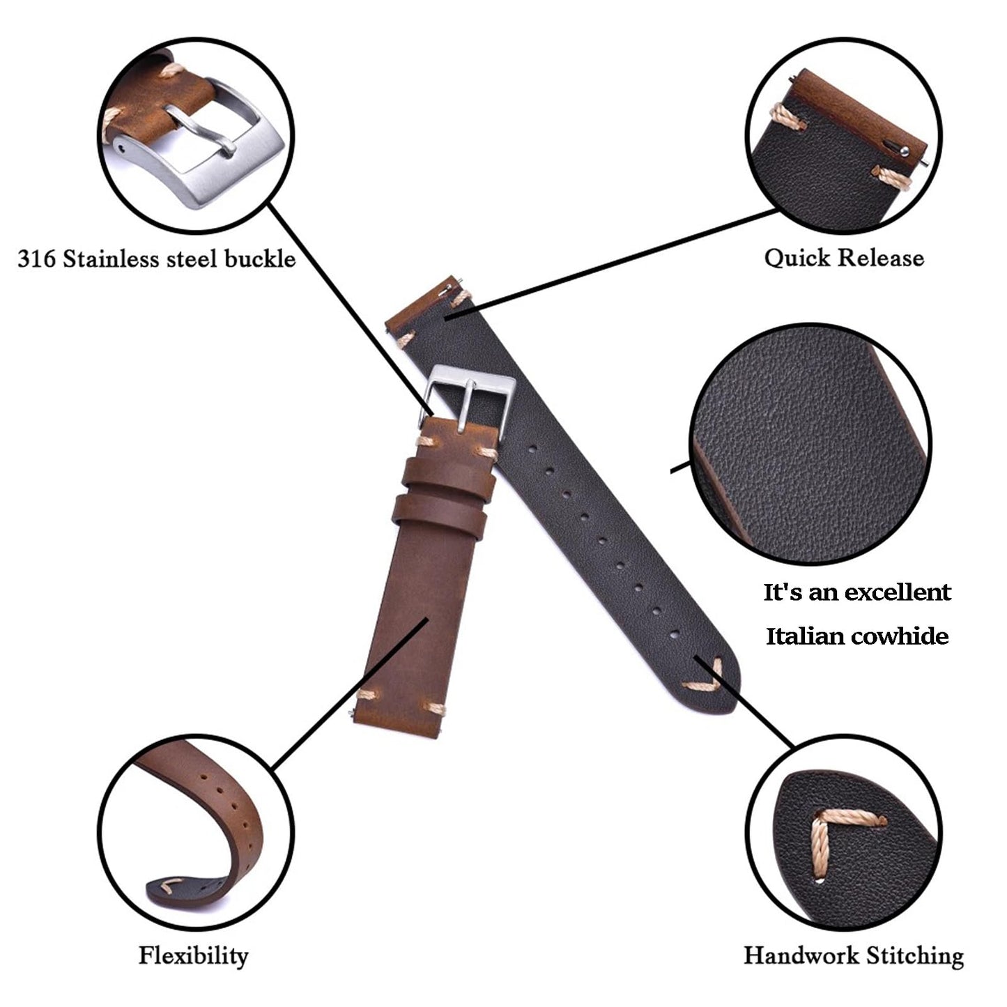 Niziruoup Leather Watch Band Quick Release for Men Women Vintage Crazy Horse Genuine Leather Watch Strap Bracelet Smartwatch Replacement Band 19 mm 20 mm 21 mm 22 mm