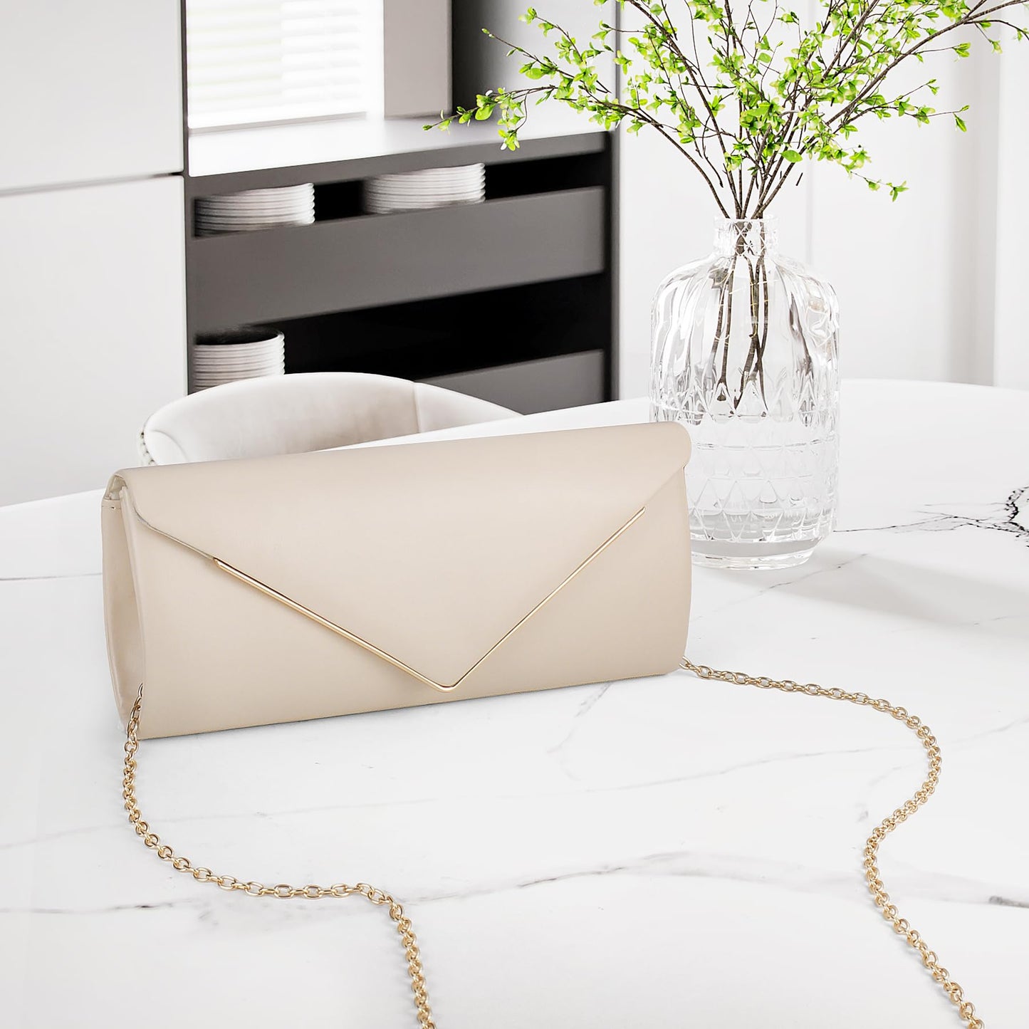 Larcenciel Nude Clutch Purses for Women, Vegan Leather Envelope Evening Bag w/Chain, Elegant Lady Shoulder Crossbody Handbags, Glitter Party Prom Purse Bride Wedding Guest Clutch Dress Carry on Bags
