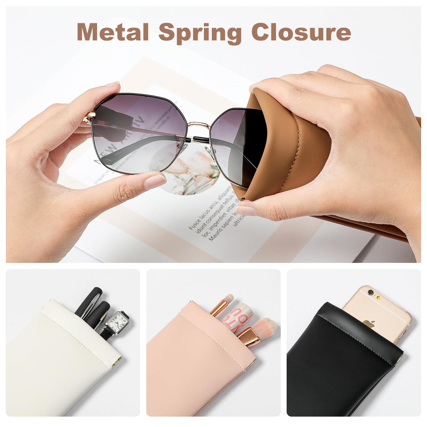 MEIBOOCH Squeeze Top Sunglass Case, New Organosilicon Soft PU Leather Eyeglass Glass Case Travel Large Sunglasses Pouch (No phrase printed, Brown+Beige)