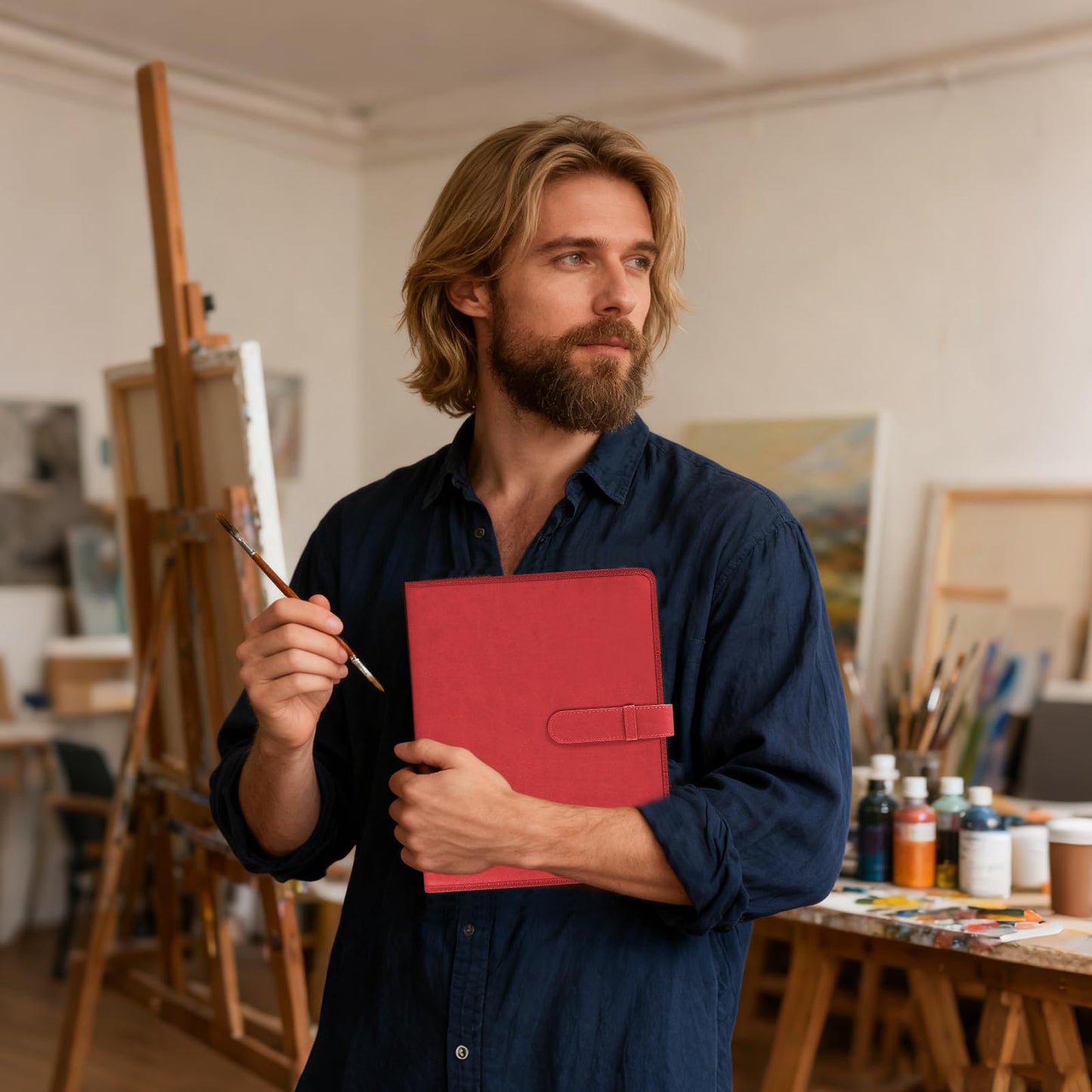 Plinyvel Travel Sketch Case & Cover: Leather Organizer Fits 5.5x8.5 Sketch Book & Spiral Pad | All-in-One Art Kit with Pencil Holder | Compact for Artists, Beginners & Travel (Red