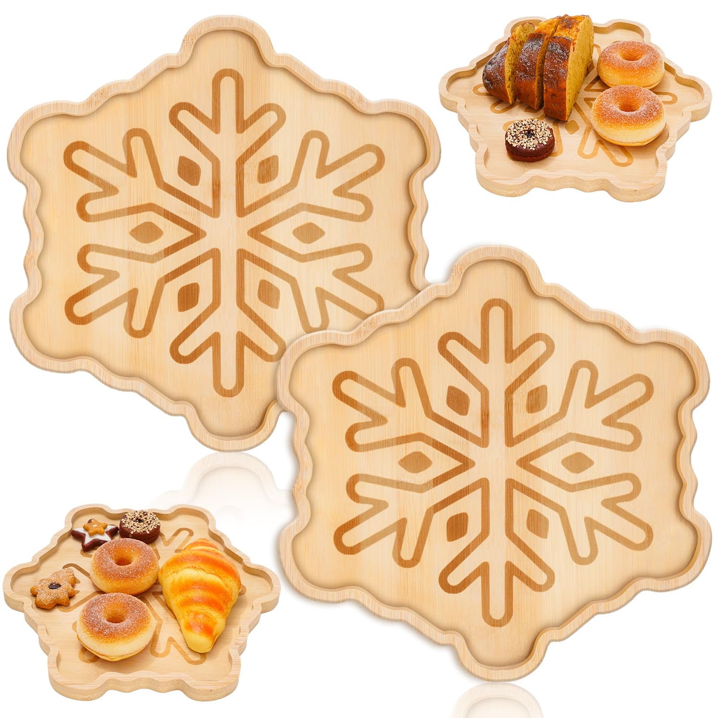 Whaline 2Pcs Winter Charcuterie Board Snowflake Serving Trays Wood Appetizer Boards Christmas Snacks Serving Platters for Home Party Food Supplies, 11 x 11 x 0.6 In
