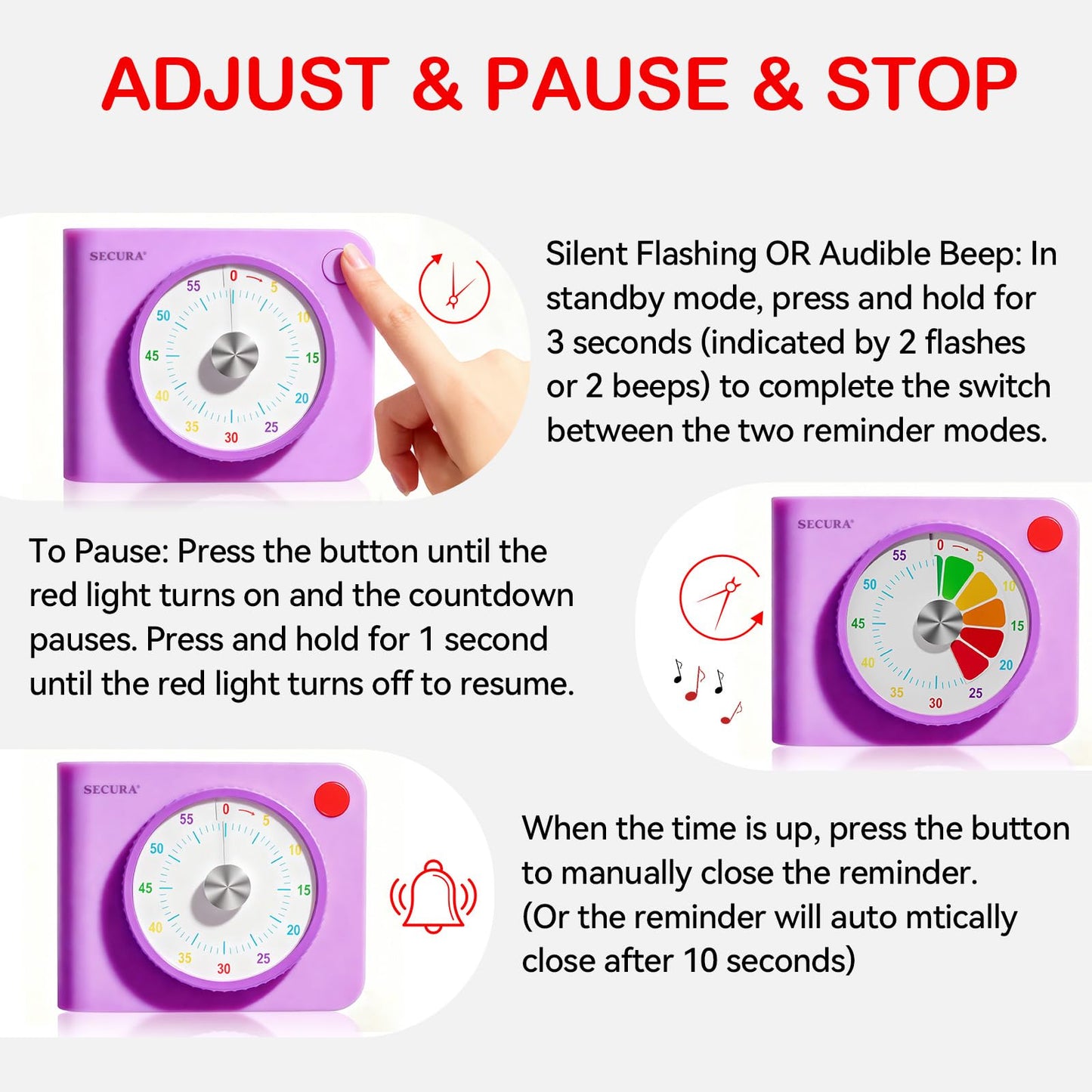 Secura Visual Timer for Kids – 60-Minute Classroom Countdown Timer with Color Disc, Time Management Tool for Kids, Teachers & Parents, Silent & Beep Modes, Magnetic Back & Stand (Purple)