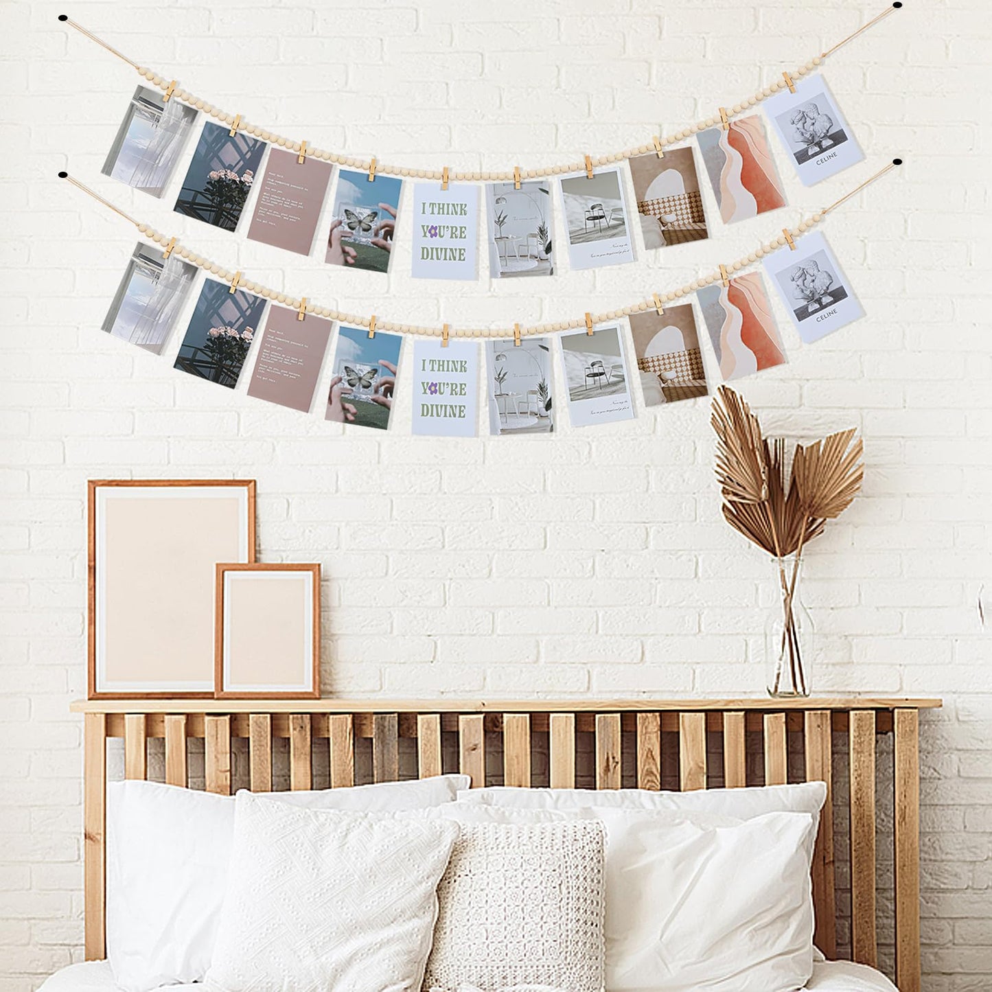 Hanging Photo Display with Clips, Boho Wooden Bead Garland Collage Picture Frame Wall Decor, Photo String with 10 Clips for Bedroom Room Dorm Cubicle Decor, Christmas Teen Girls Gifts , 3 Pack