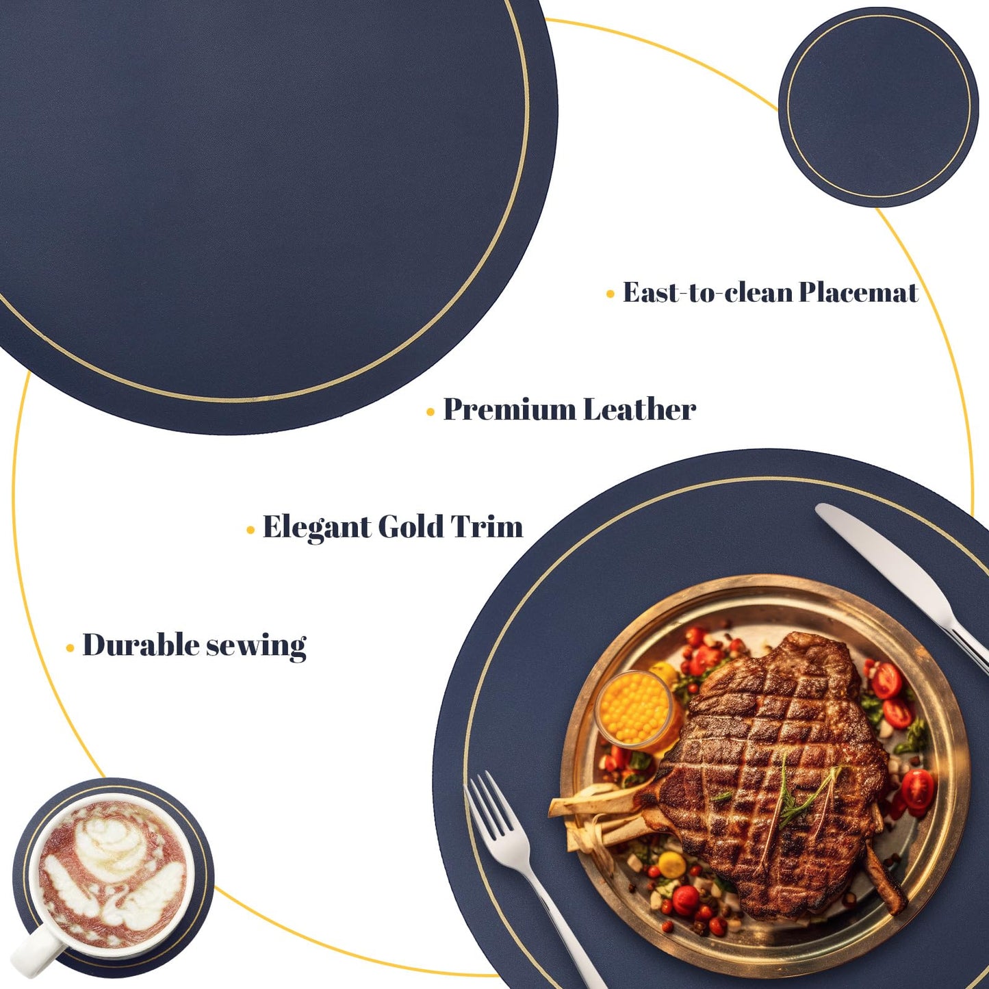 Sunnychicc Set of 12 Round Placemats and Coasters 13 Inch Faux Leather Placemats and 4 Inch Circle Coasters Waterproof Non Slip Kitchen Table Mats with Gold Trim for Dining Table Kitchen (Navy Blue)
