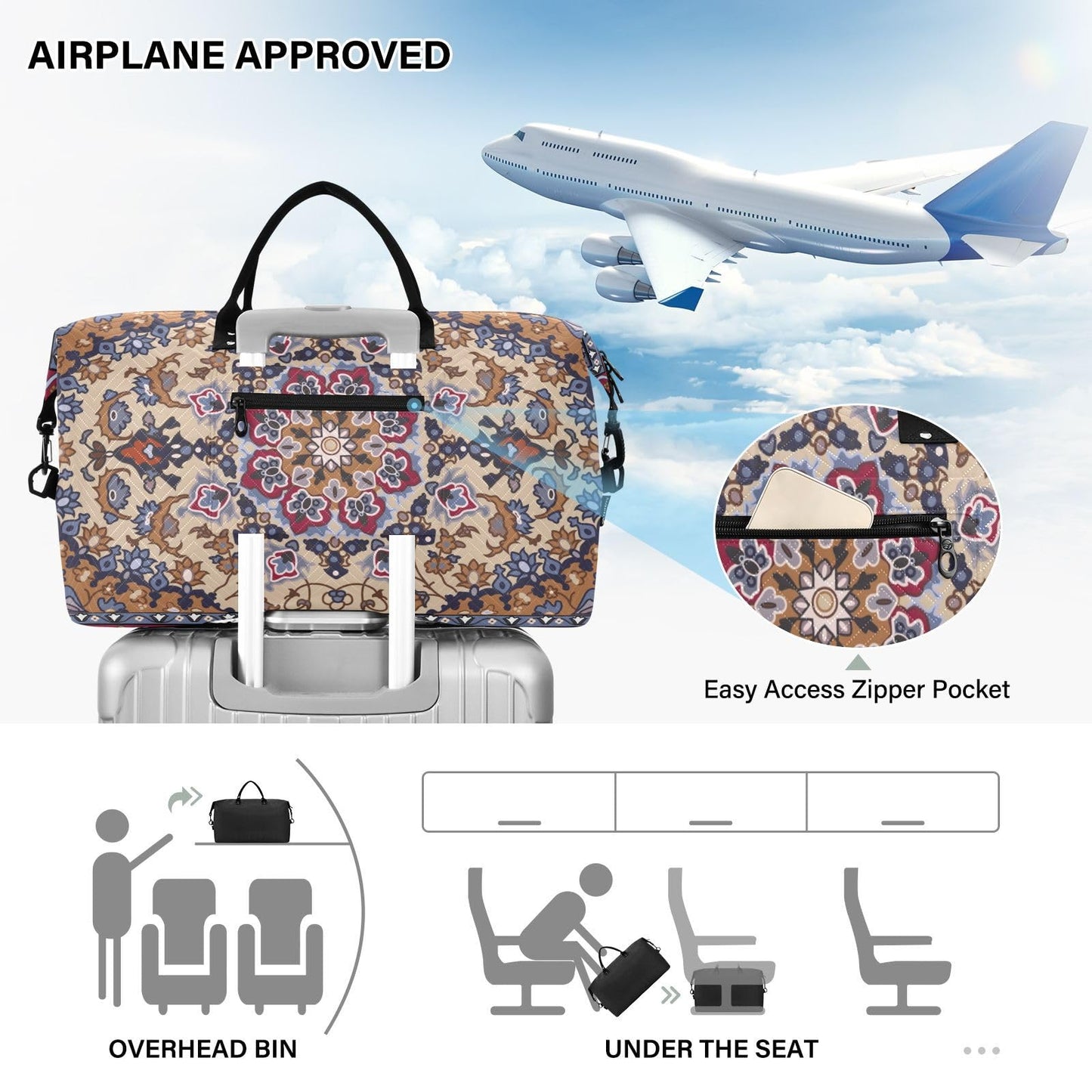 Aflyko Travel Duffel Persian Carpet Tribal Mandala Sport Tote Gym Weekender Overnight for Men Women Flight Approved Carry On Fitness Dance Go-To Daily, Medium