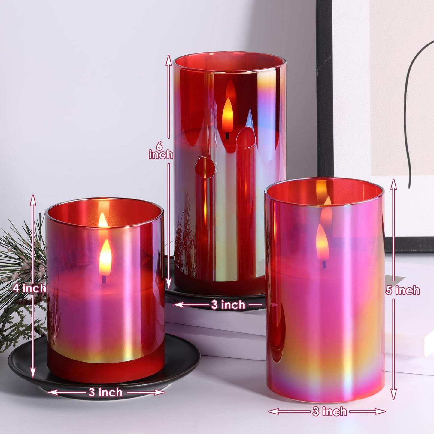 Eywamage Red Glass Flameless Pillar Candles with Remote, Flickering Christmas Battery LED Candles Holiday Decor Set of 3