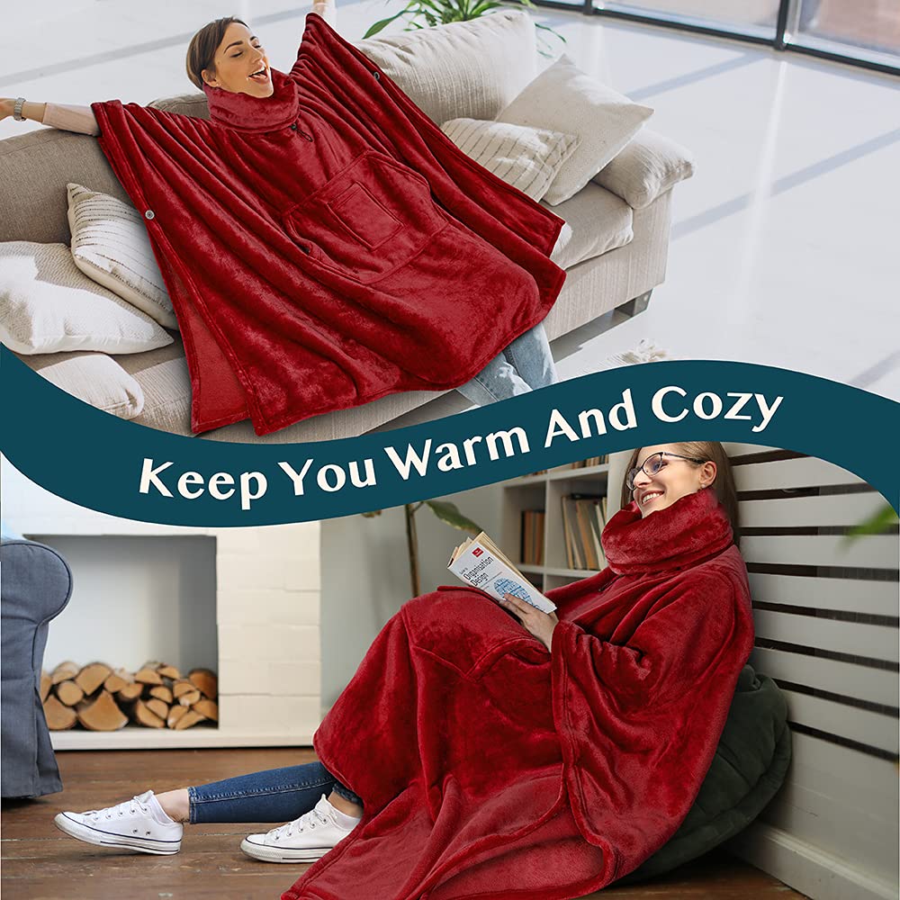 PAVILIA Sherpa Wearable Blanket Poncho Women Men, Oversized Hoodie Sweatshirt Poncho Blanket, Hooded Sweater Wrap Cape Neck Warmer, Fleece Soft Hug Sleep Pod Adult, Cozy Warm Gift Ideas Sister, Red