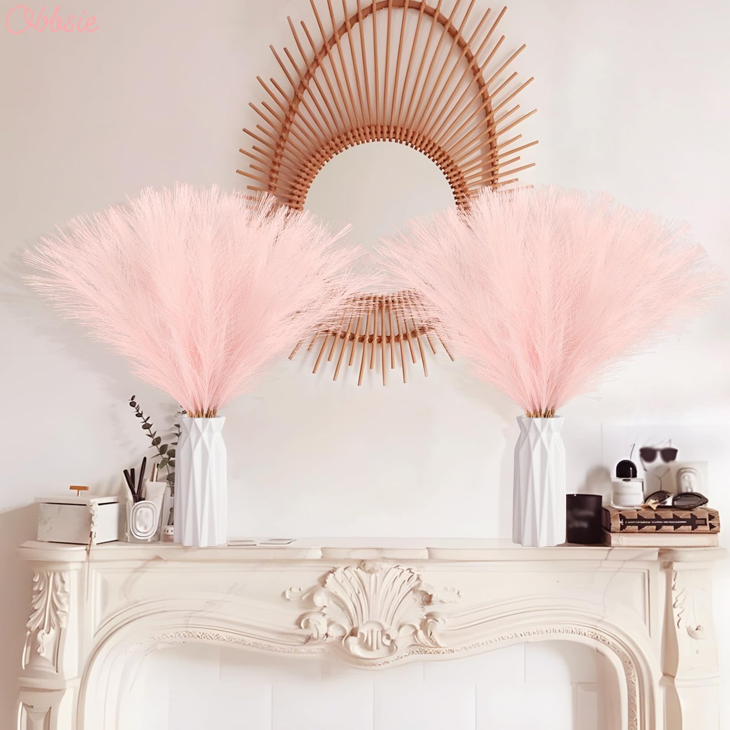 obbsie 50pcs Pink Faux Pampas Grass Decor, 21.6" Short Artificial Floral Branches Vase Filler Flower Arrangement for Home Wedding Boho Outdoor Decor