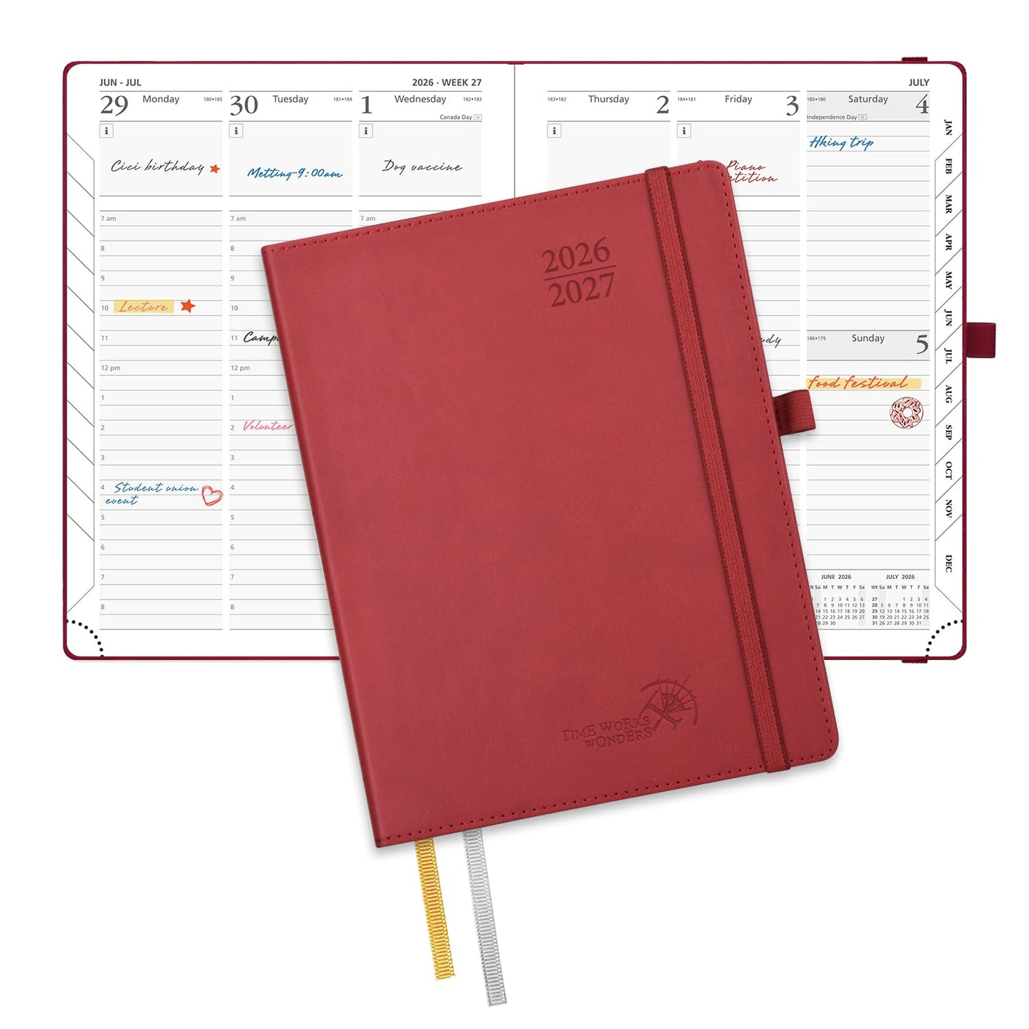 POPRUN Planner 2026-2027, 6.5" x 8.5", Academic Planner 2026-2027 Weekly and Monthly (July 26-June 27) Hourly Appointment Book with Inner Pockets, Leather Soft Cover, 100GSM - Burgundy