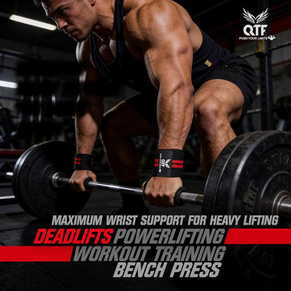 QTF Wrist Wraps for Weightlifting - Heavy-Duty 12" Support with Thumb Loop | Ideal for Strength Training & Bodybuilding