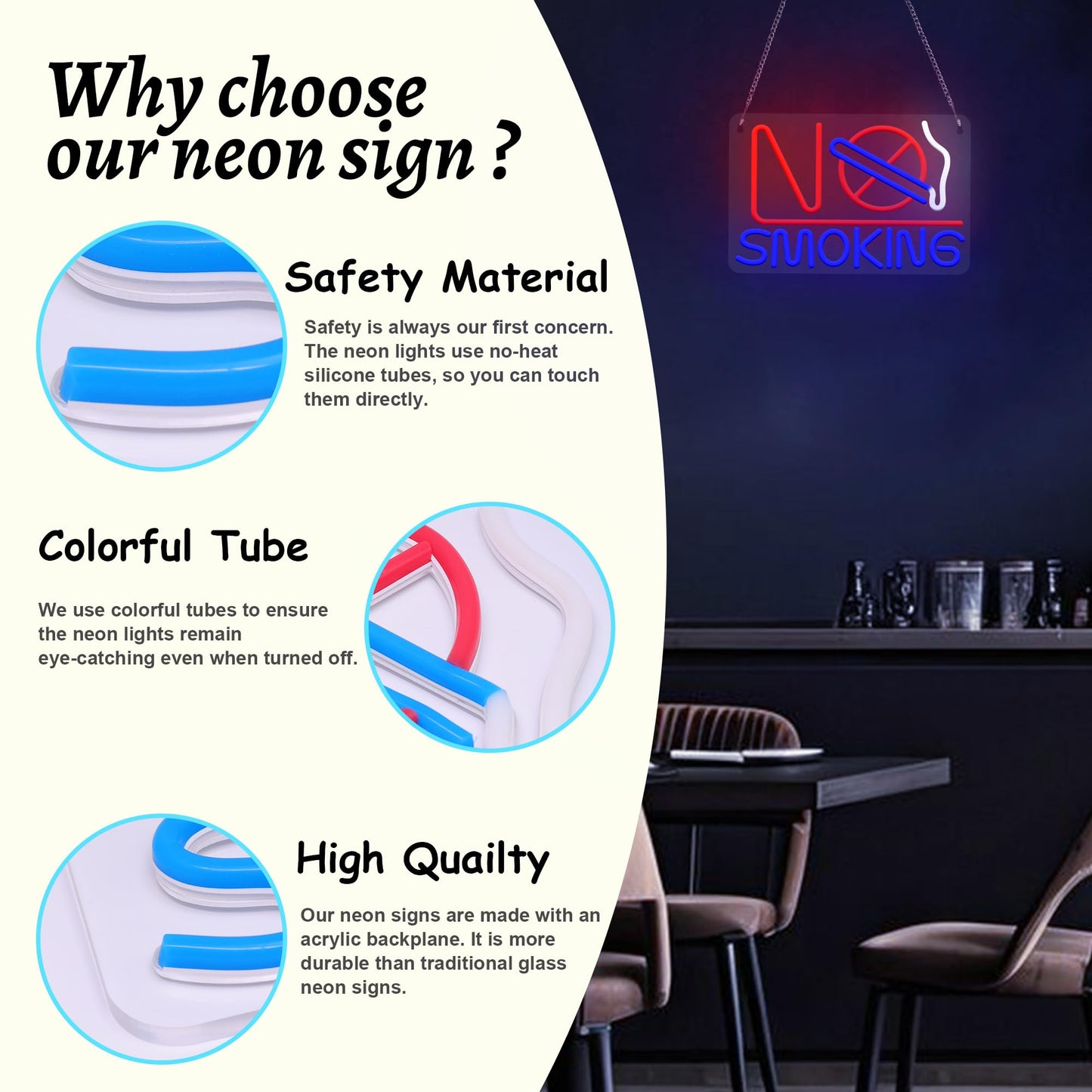Neon Signs - No Smoking, Bedroom & Business Suitable - USB Powered with Hanging Hooks