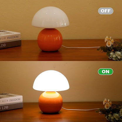 Small Mushroom Lamp,USB-Plug in Bedside Table Lamps with 3-Temperature LED Bulb Dimmable,Unique Cute Aesthetic Home Decor for Living Room,Bedroom, Modern Ceramic Base Glass Lamp(Orange)