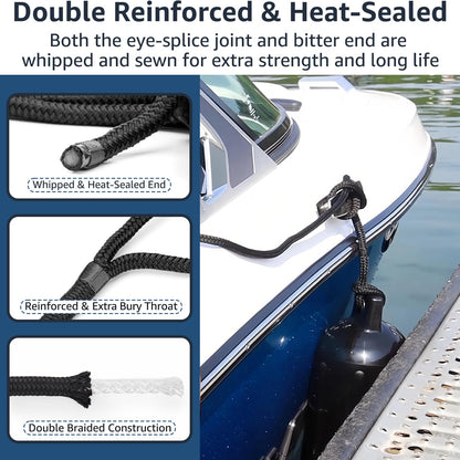 PACTHSD 4 Pack 1/2" x 6' Boat Fender Lines - Marine Grade Nylon Boat Rope with 10" Loop for Tying Fenders and Docking Small Boats - Double Braided Dock Lines, Easy Handling, Fray Resistant - Black