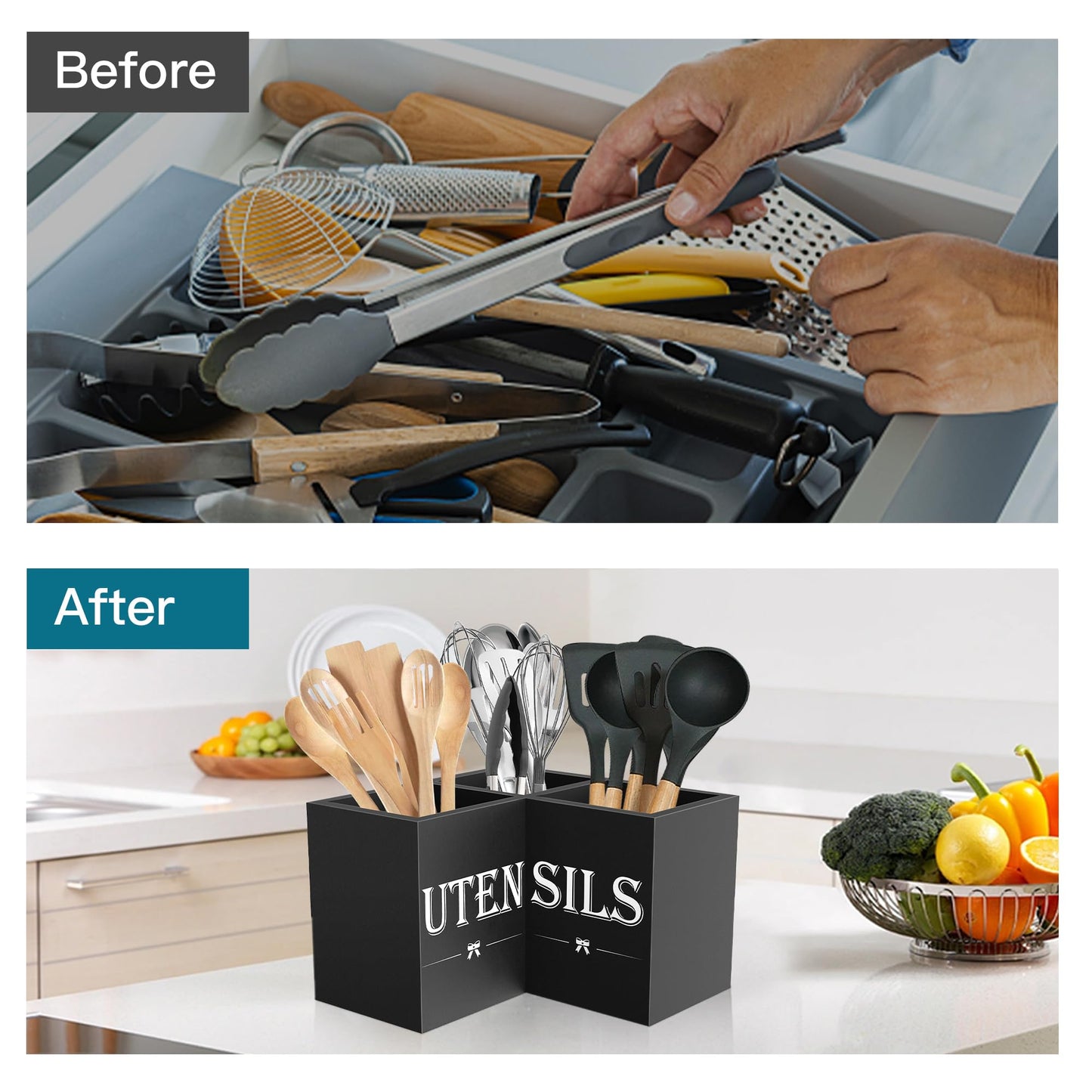 Suli Extra Large Kitchen Utensils Holder with 3 Compartments,Corner Utensil Caddy for Countertop,Wooden Utensil Organizer for Kitchen Countertop, Farmhouse Decor- Black