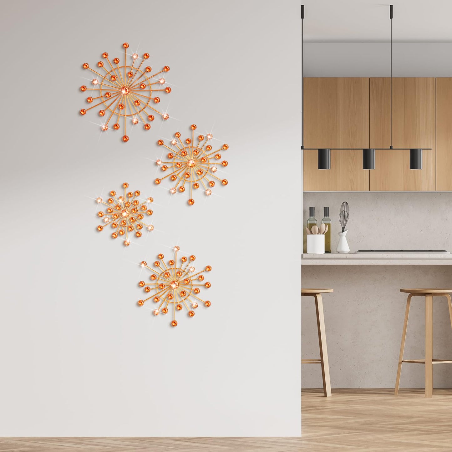 Blulu 4 Pcs Metal Wall Decor Bling Crystal Wall Art Cast Iron Rhinestones Sunburst Decor Starburst Art Hanging Diamond Accents Decorative for Living Room Bedroom Entryway (Orange)