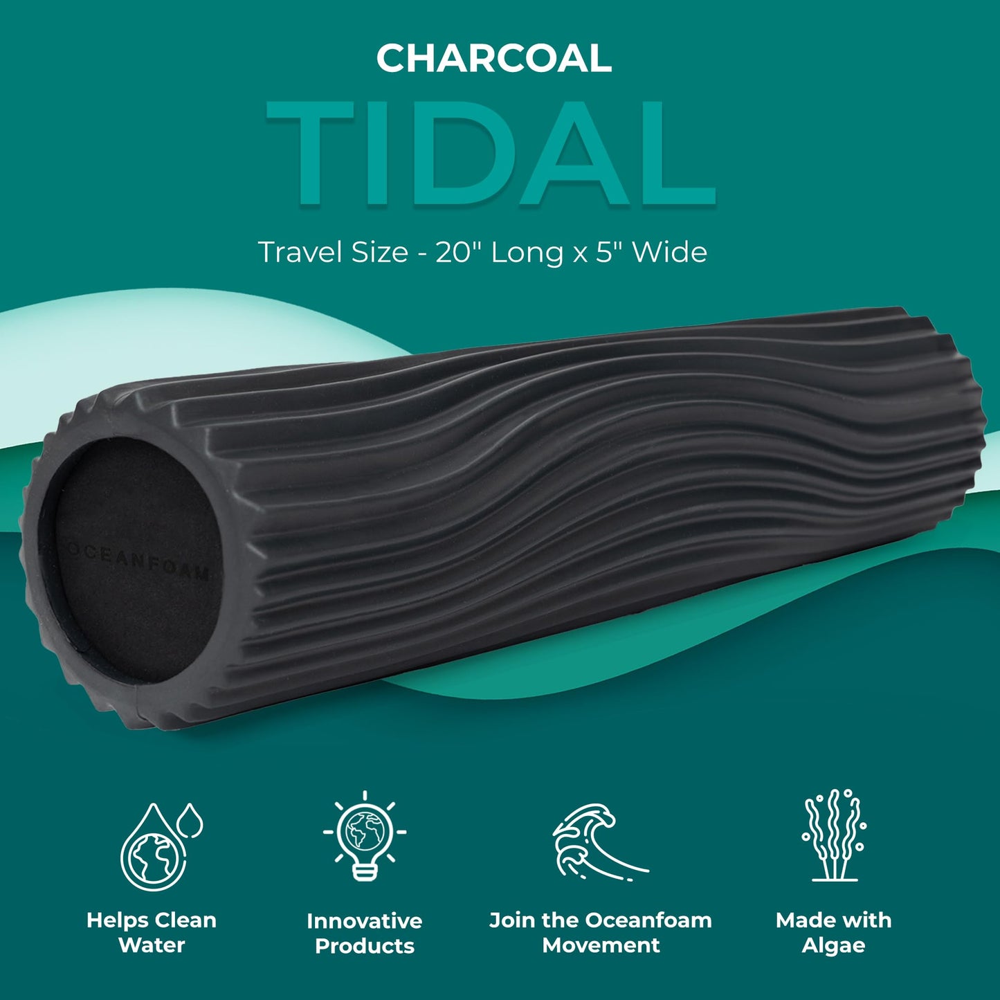 Oceanfoam Tidal Roller - Black Marbled - Muscle Massage Foam Roller for Back Pain & Stretching - Firm and Ergonomic Wide Wave Textured - Yoga, Athletics, & Wellness - Full Size, 20" x 5"