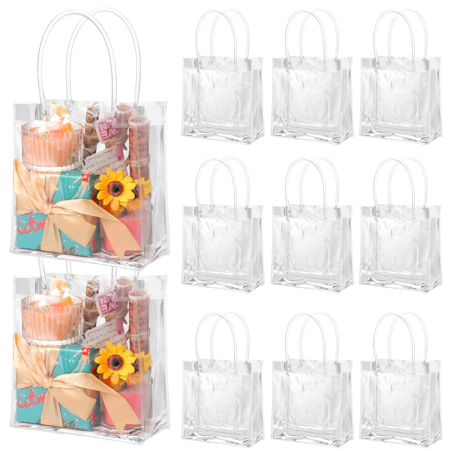 BESARME 60 Pack Clear Gift Bags with Handle, 6.3" x 5.9" x 2.8" Clear Bag Bulk Small Reusable Plastic Bag Gift Wrap Tote Bags for Graduation Wedding Baby Shower Birthday Party Favors
