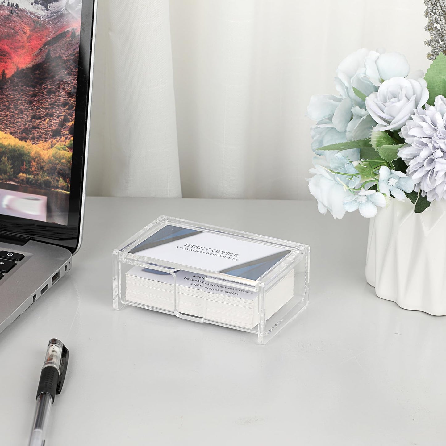 BTSKY Clear Acrylic Business Card Storage Box with Display Lid, Business Card Holder for Desk, Name Card Display Stand for Office Countertop, Business Card Storage Organizer Office Desk Accessories