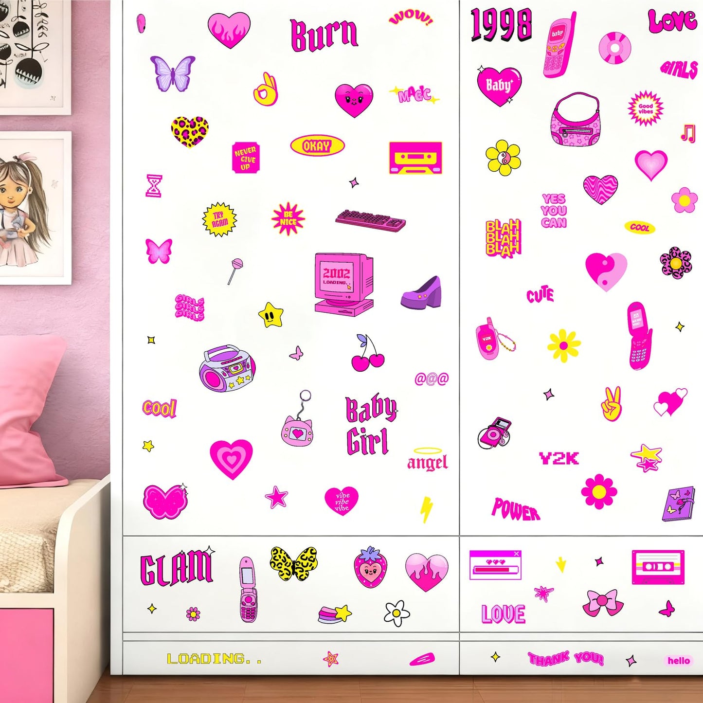 Cute Pink Wall Stickers Princess Girly Wall Decals Aesthetic Trendy Sticker for Girls Room Decor Pink Preppy Stickers for Laptop Water Bottles Decoration Bedroom Playroom Decor