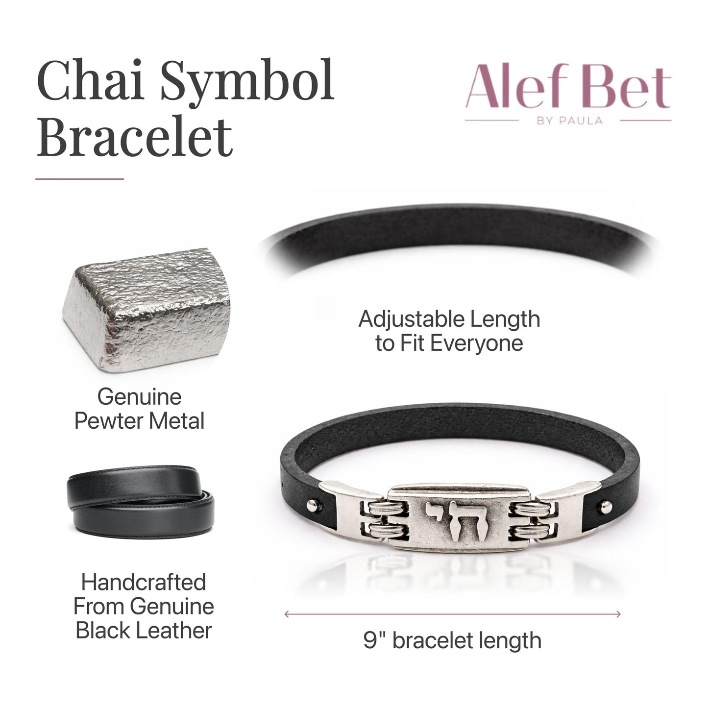 Alef Bet by Paula Chai Leather Bracelet for Men and Boys - Genuine Black Leather with Silver Plated Hebrew Chai Charm - Symbol of Life - Adjustable Bar Mitzvah Gift