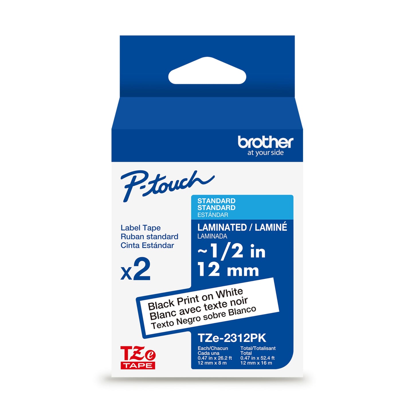 Brother Genuine TZe231-1/2 2PK Black Print on White Label Tape. Each: 0.47 in x 26.2 ft (12 mm x 8 m) Total: 0.47 in x 52.4 ft (12 mm x 16 m)