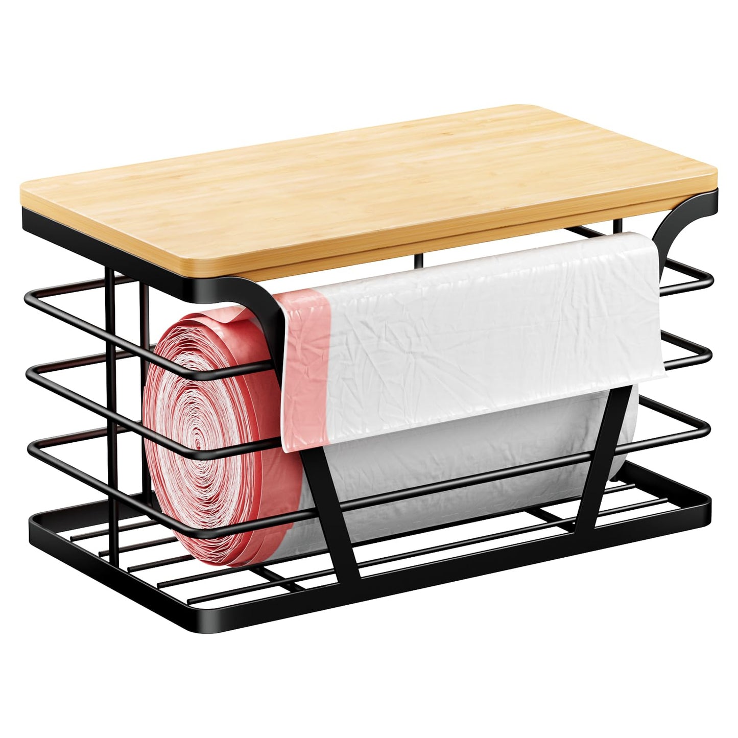 TIDIIABODE Small Grocery Bag Holder, Trash bag holder with Removable Bamboo Top, Wall Mount, No Drill, Stainless Steel, Black