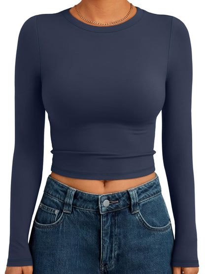 Trendy Queen Womens Long Sleeve Crop Tops Basic Slim Fitted Shirts Fashion 2025 Going Out Y2k Tops Teen Girl Clothes