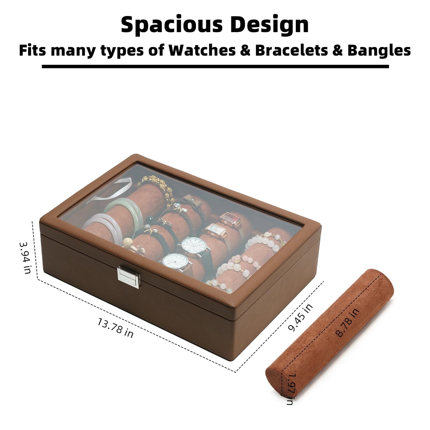 XHMQYC Bracelets Organizer Rods Bangles Display Holder, Clear See through Lid Leather Velvet Jewelry Storage Box Case for Women, 4 Rods Brown Leather