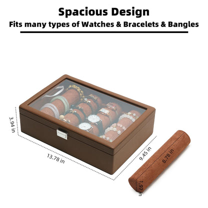 XHMQYC Bracelets Organizer Rods Bangles Display Holder, Clear See through Lid Leather Velvet Jewelry Storage Box Case for Women, 4 Rods Brown Leather