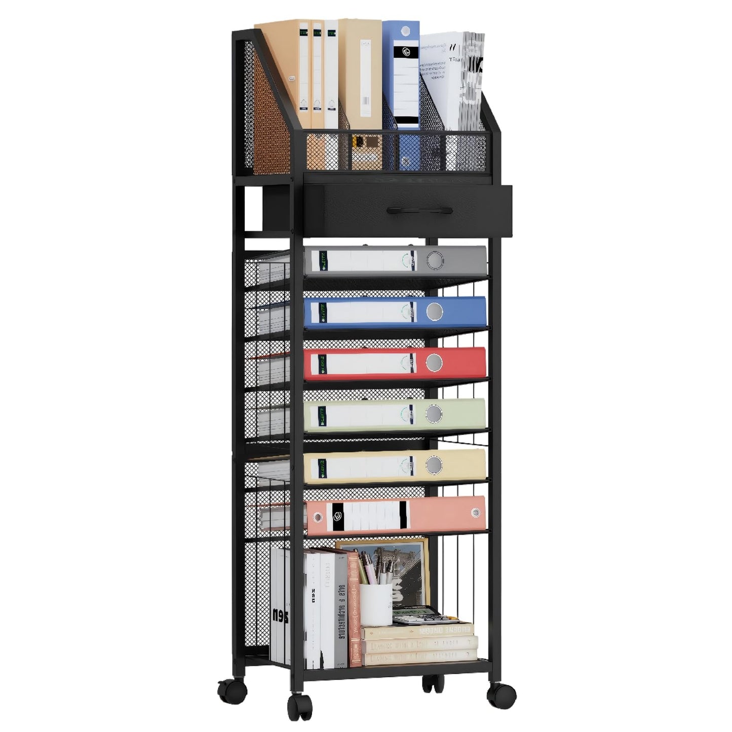 SWTYMIKI 9-Tier Rolling File Cart - Paper Organizer with Drawer and Trays, Wood Desk Office Organizer, Office Organization and Binder Storage for Workspace, Home, School, Black