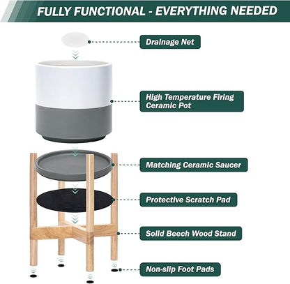 D'vine Dev Ceramic Planter with Natural Stand - 12 Inch Modern Round Flower Pot with Wood Planter Holder, White/Grey, 55-B-J-6