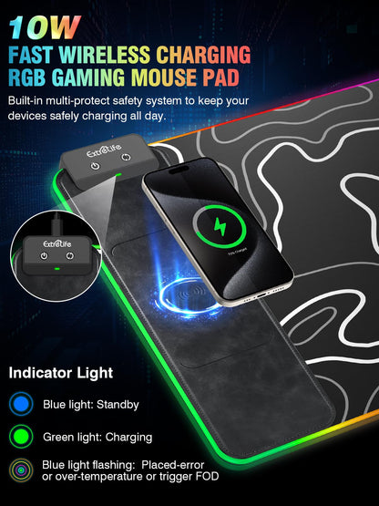 Wireless Charging Mouse Pad, RGB Gaming Mousepad, 31.5"x15.7" Extra Large Desk Pad, 13 Light Modes, Ultra-Smooth Surface, Non-Slip Base, Waterproof Computer Keyboard Mat for MacBook, PC, Laptop, Black