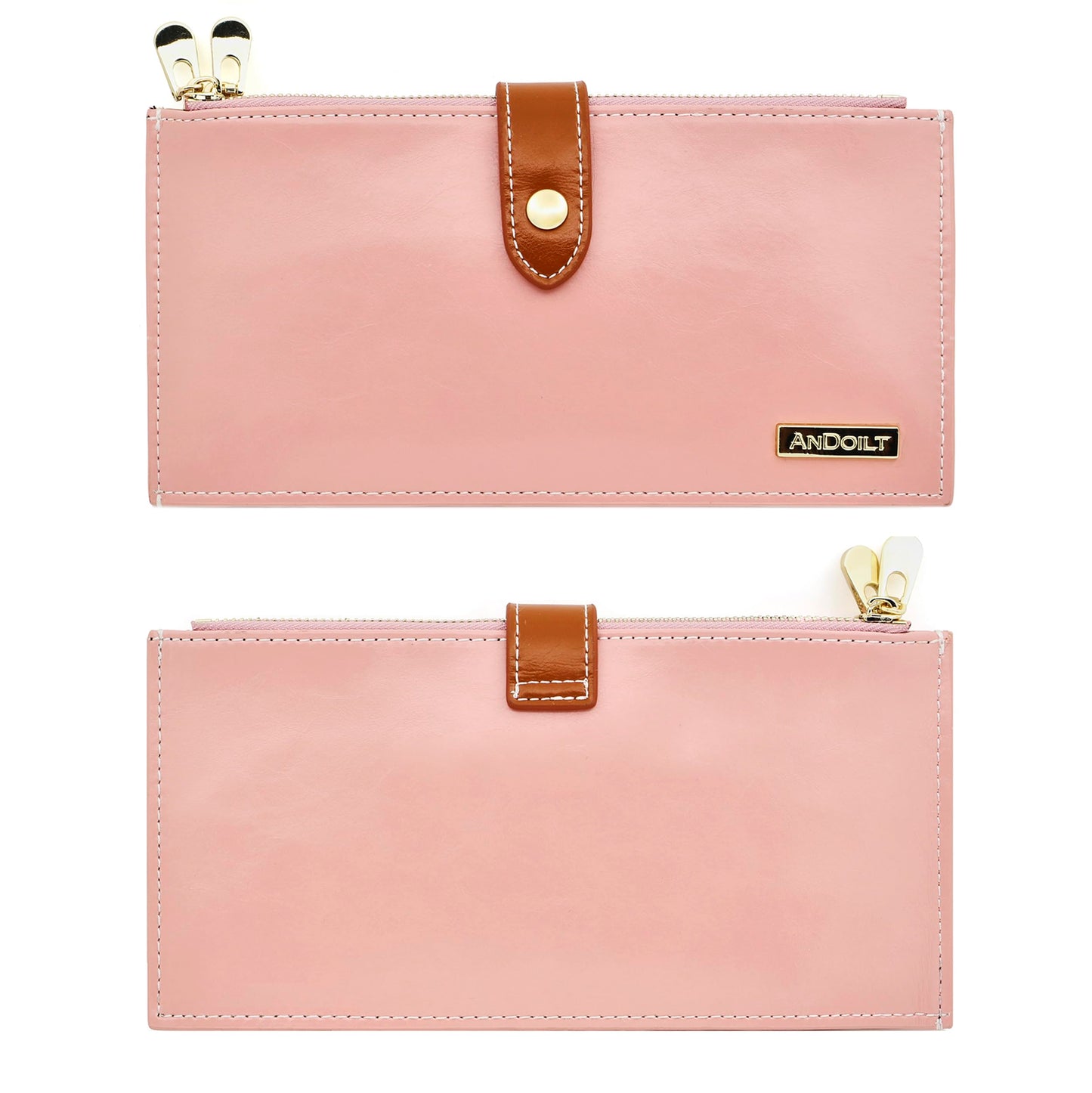 ANDOILT Women's Genuine Leather Wallet RFID Blocking Credit Card Holder Zipper Purse Cell Phone Handbag Pink