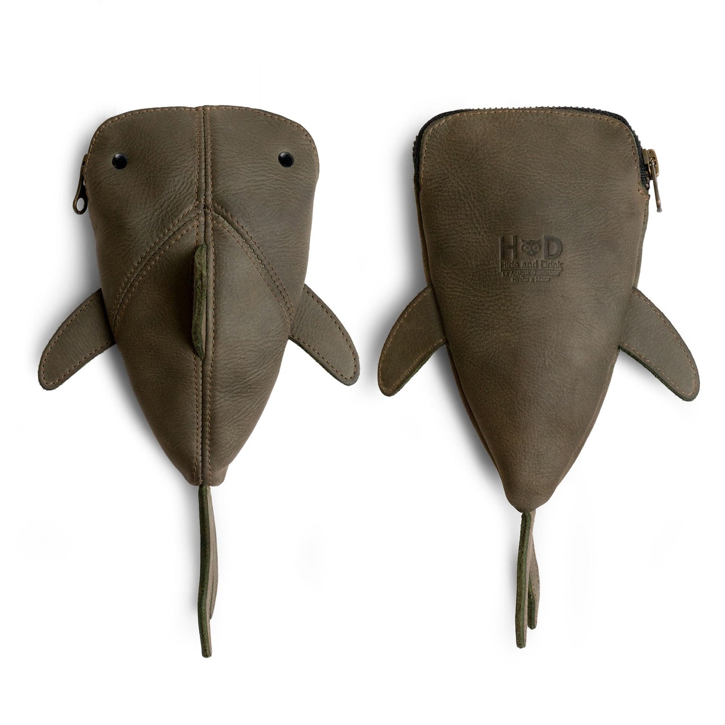 Hide & Drink, Full Grain Leather Zipper Coin Pouch, Change Bag, Pencil Purse, Scissors Case, Shark Shaped Cable Holder, Wallet, Makeup, Stuffed Animal, Handmade, Dark Jade