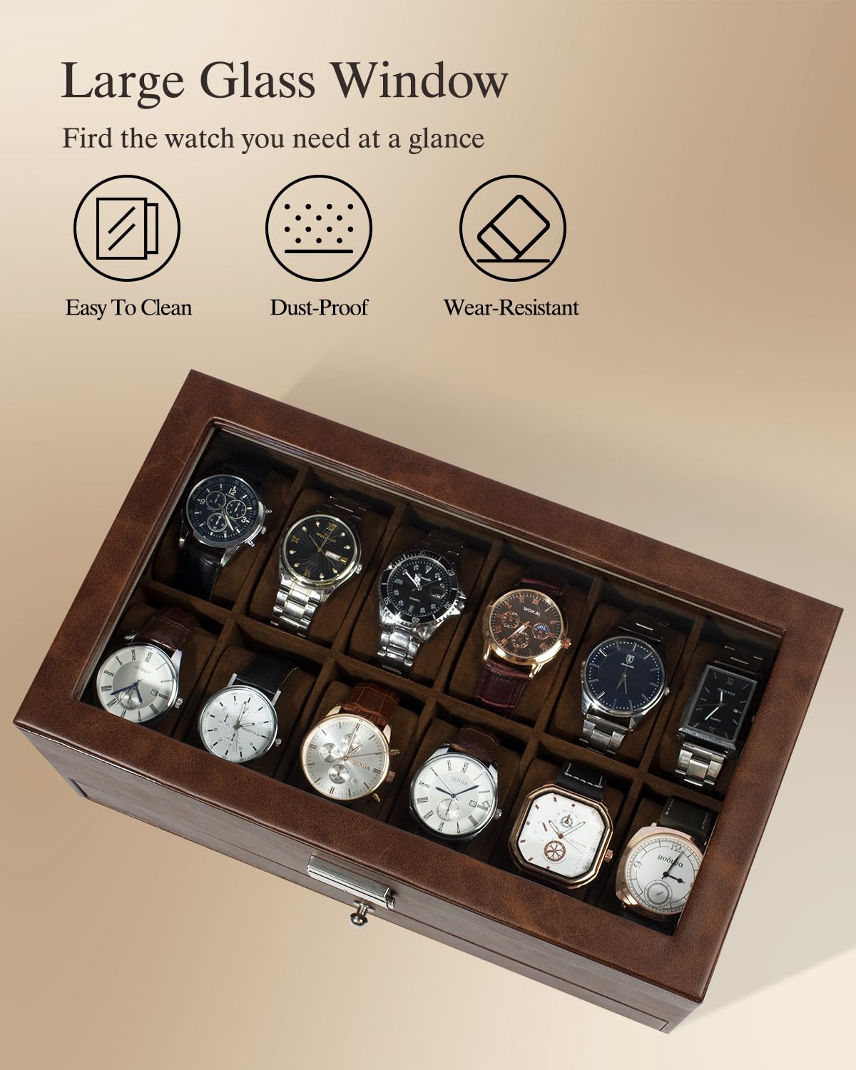 GUKA Watch Box 12 Slot Watch Display Organizer Leather Jewelry Case Drawer Glass Birthday for Men Women, Child Husband Dad GK-012-BROWN-LED-24