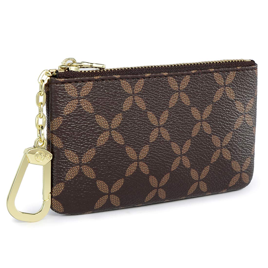 Rauder Luxury Zip Key Chain Pouch | Mini Coin Purse Wallet Card Holder with Clasp | for Men Women - Coated Canvas (Brown)