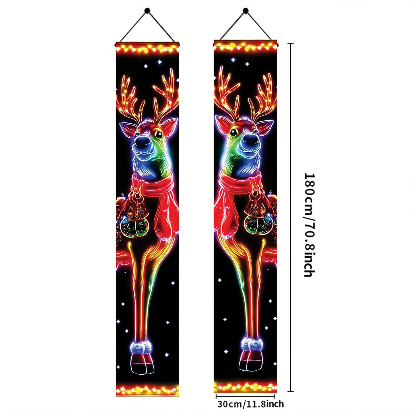 Saoplasa 2PCS Christmas Porch Banners 71 x 12 Inch Neon Reindeer Holiday Door Decorations LED Style Lighted Outdoor Hanging Signs for Xmas Party Front Entryway Yard Wall Festive Winter Welcome Display