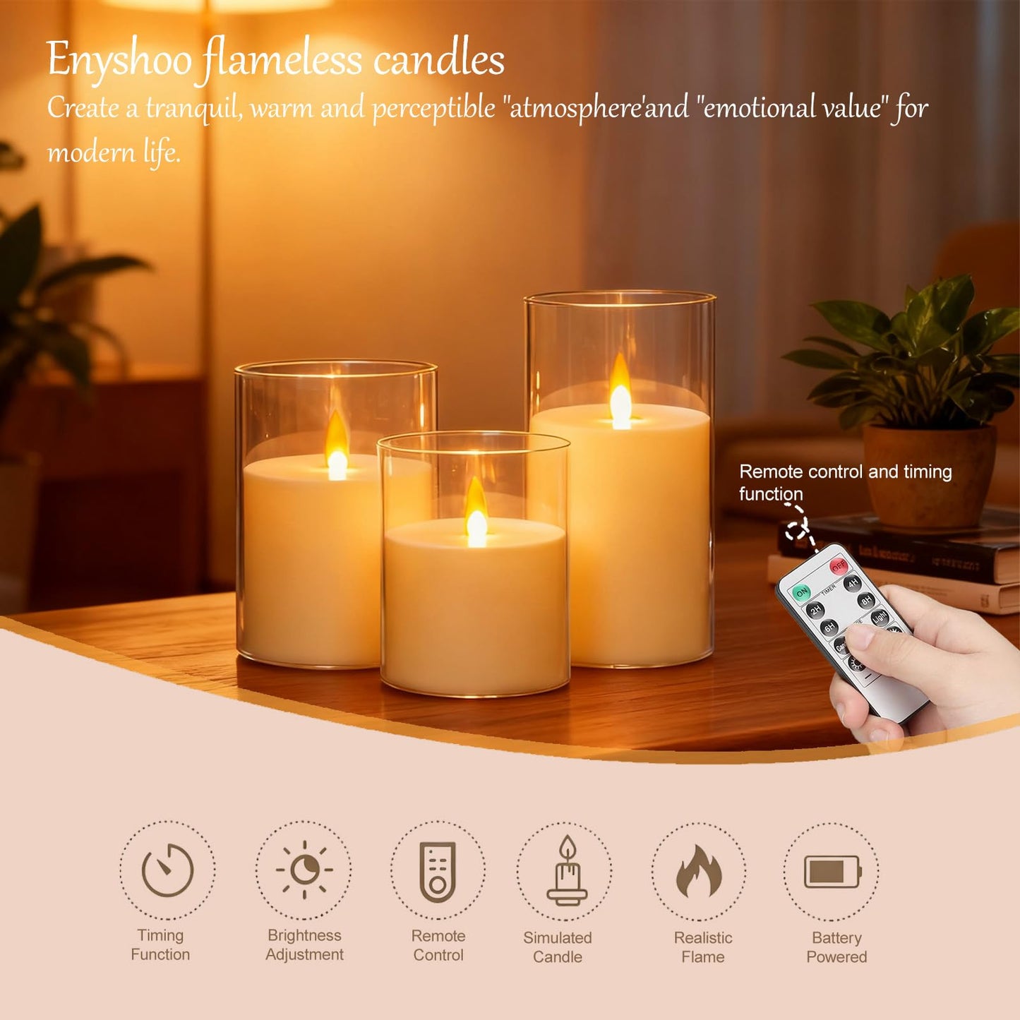 Eynshoo Flameless Candles with Remote&Timer - Realistic 3D Flickering Flame LED Battery Operated Candles, Warm White Light for Home Decor, Christmas, Wedding, Party, and Holiday Decoration