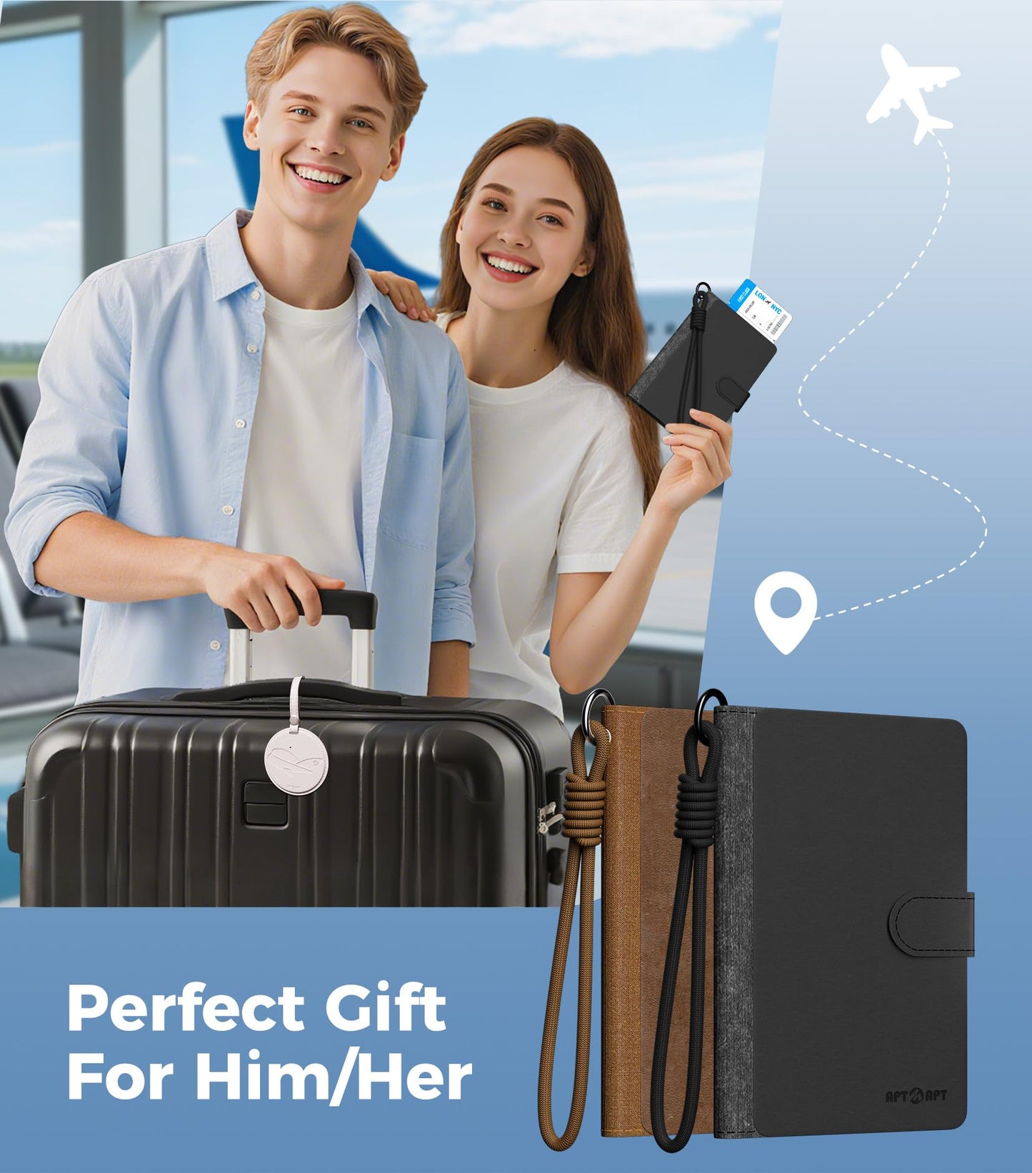 APTMAPT Smart Passport Holder Works with Apple Find My, Leather Travel Wallet with Wrist Strap & 2 SIM Card Slots, RFID Blocking Organizer for Passport/Cards/Tickets, Wireless Charging, Black