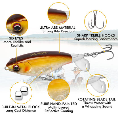 TRUSCEND Popobait Easy Catch Fishing Lures with BKK Hooks, Instant Startup, Longer Cast, Balanced Spray/Sound/Swim, Plopper Topwater Lures for Bass, Trout, Pike, Freshwater Saltwater Fishing Teasers